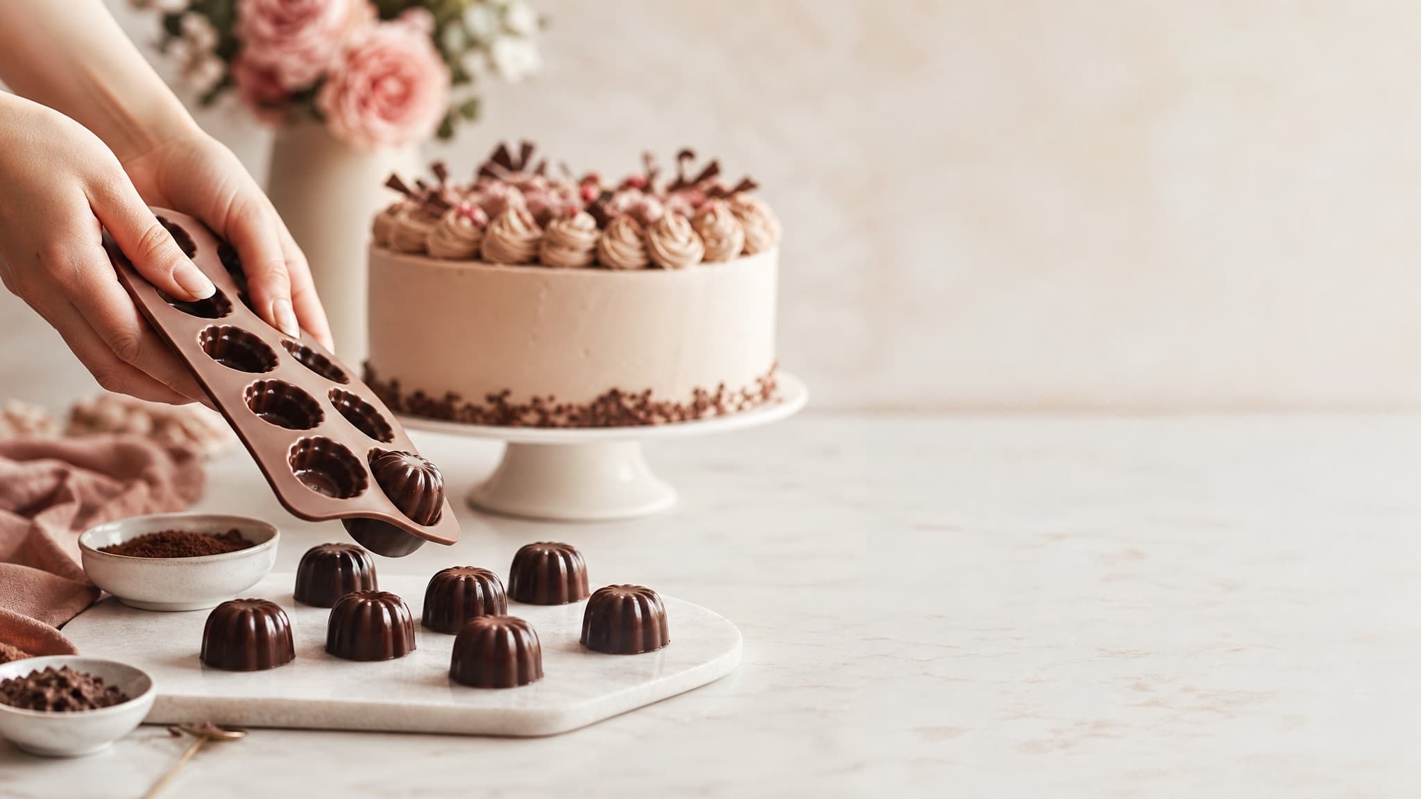 A dessert table with chocolates releasing from a mould beside a decorated cake